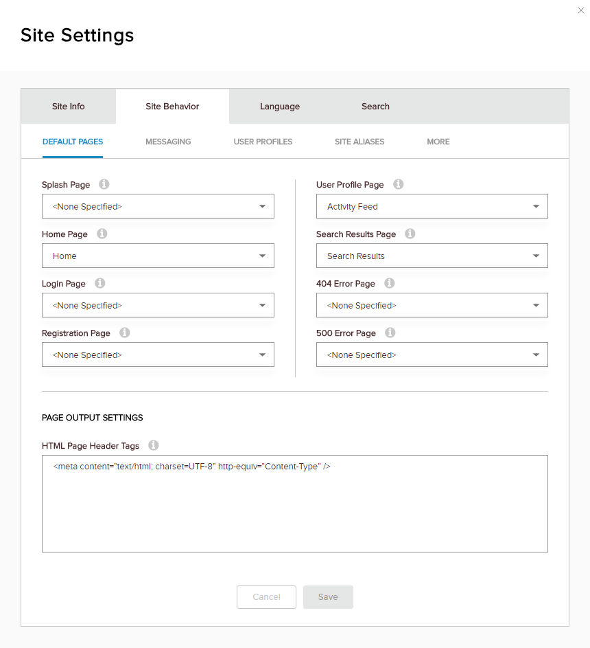 Site Settings > Site Behavior > Default Pages