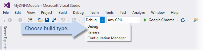 Visual Studio build type dropdown