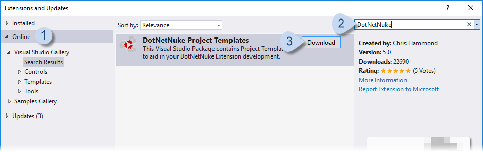 In the Online > Visual Studio Gallery tree, search for DotNetNuke then Download.